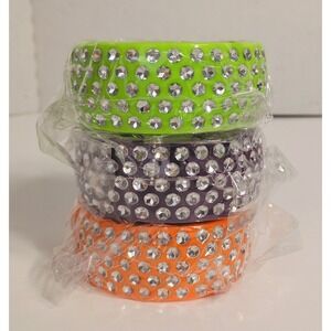 Y2K Grunge Hinged Cuff Rhinestone Chunky Bangle Bracelet, Lot of 3, Neon 90s NEW